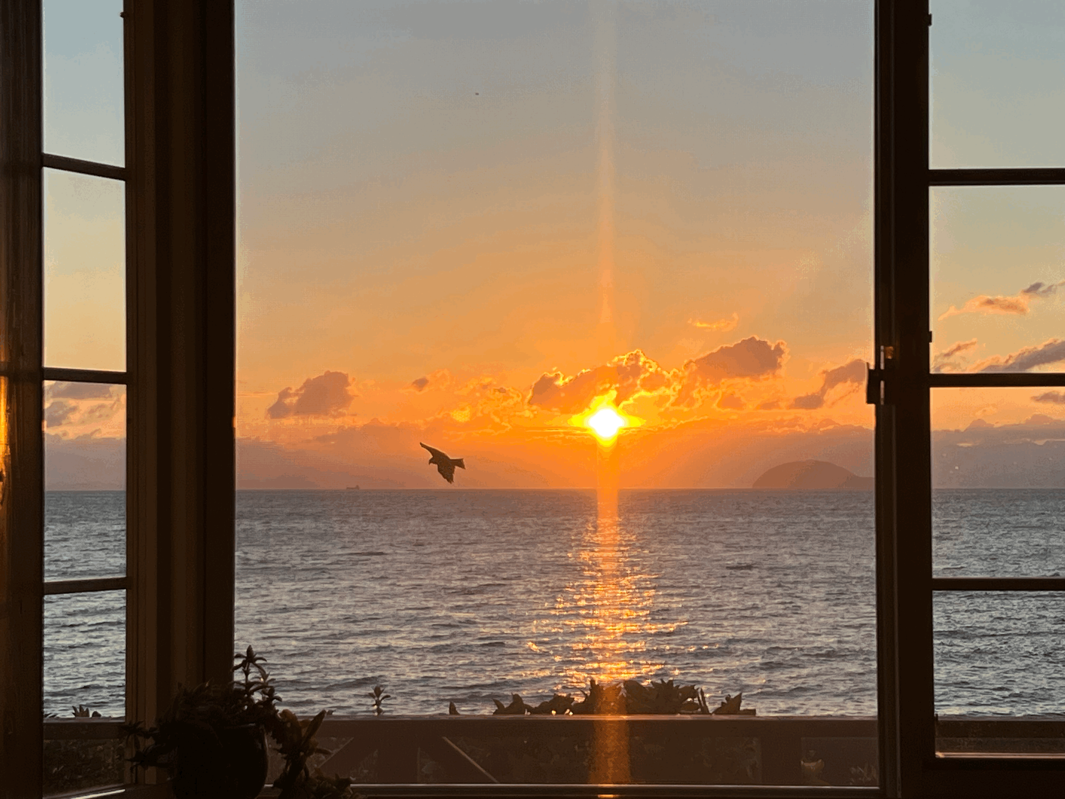 客室の窓から望む瀬戸内海の朝日