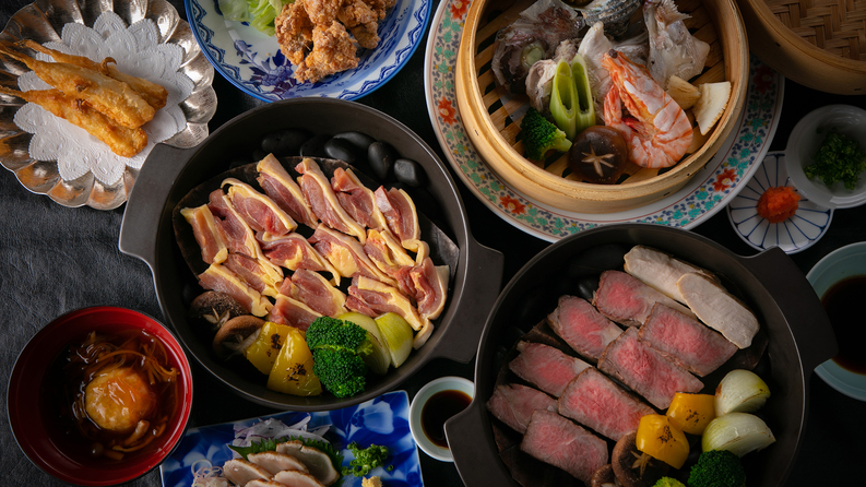 【夕食一例】「おおいた和牛」と「大分県産地鶏豊のしゃも」は九州を代表するお肉です。