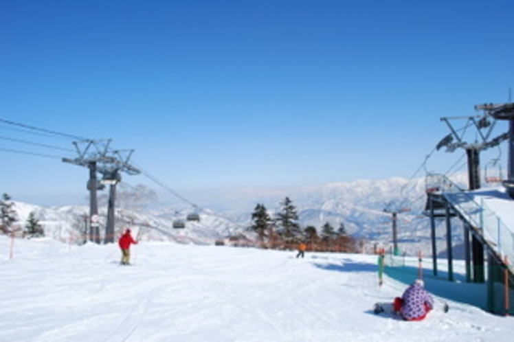 かぐらメインゲレンデ山頂からは、晴れた日は湯沢町が一望できます。