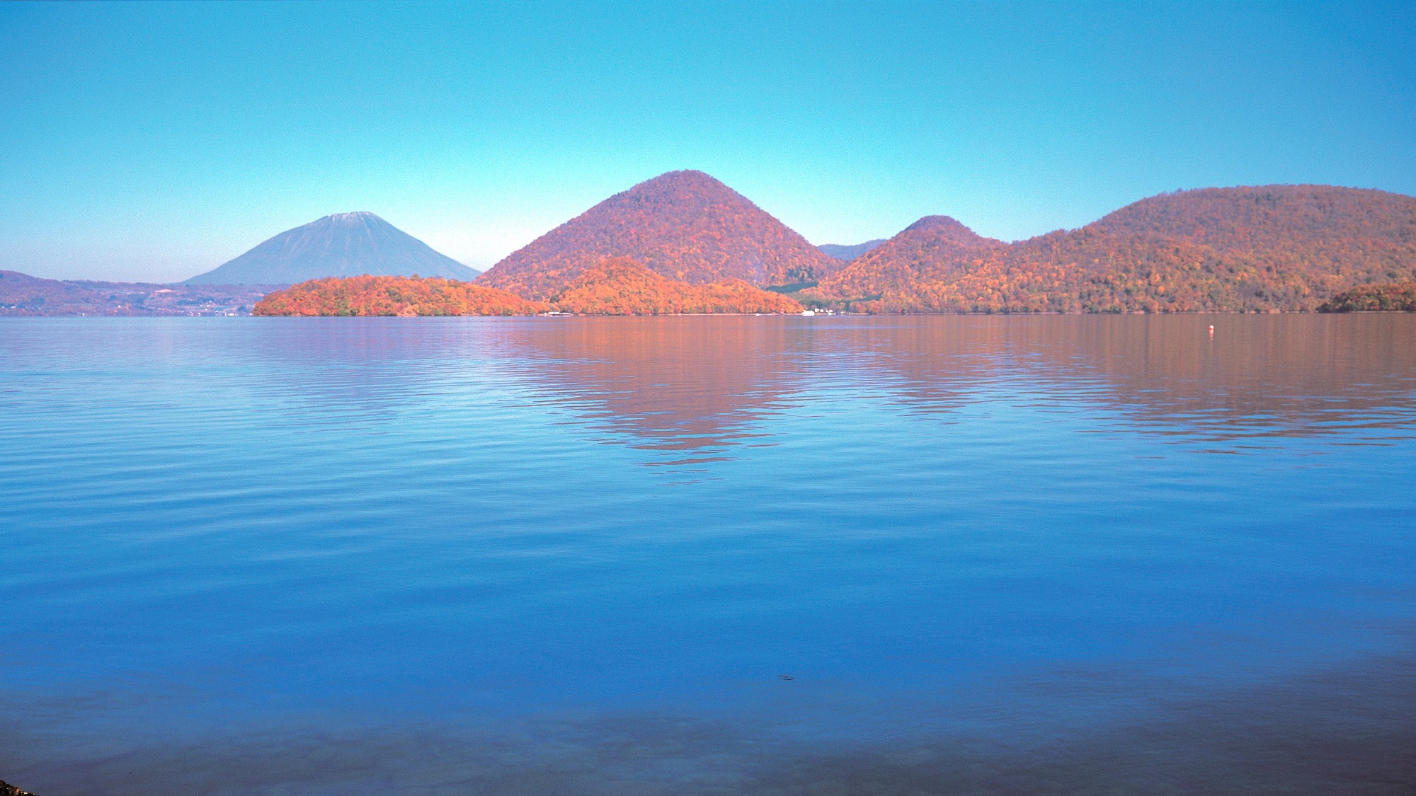 【洞爺湖の秋景色】中島が赤々とした紅葉をまとう絶景
