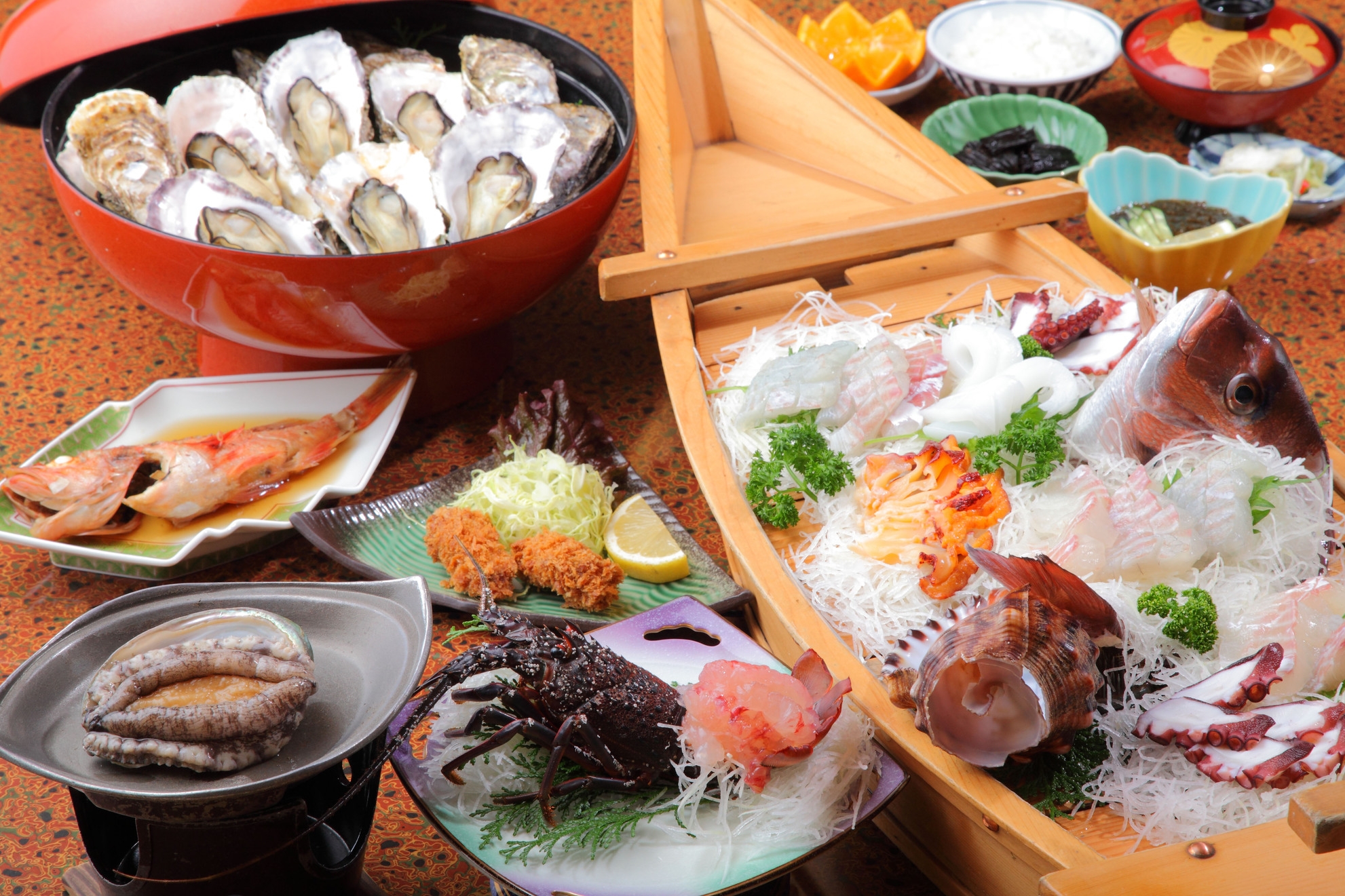 【個室夕食】グルメプラン【マイカー限定】伊勢海老１匹・あわび１匹・舟盛・焼き牡蠣会席