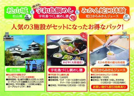 【お得に松山を満喫！】松山城と宇和島鯛めし＆みかん蛇口体験クーポン付きプラン