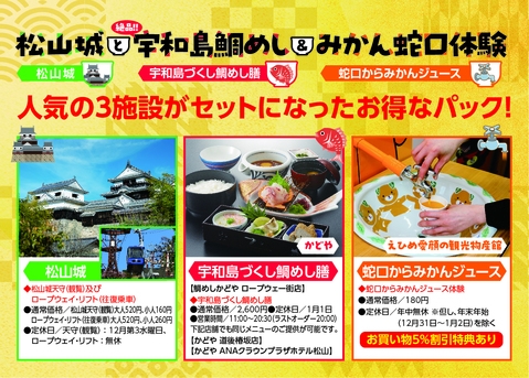 【お得に松山を満喫！】松山城と宇和島鯛めし＆みかん蛇口体験クーポン付きプラン