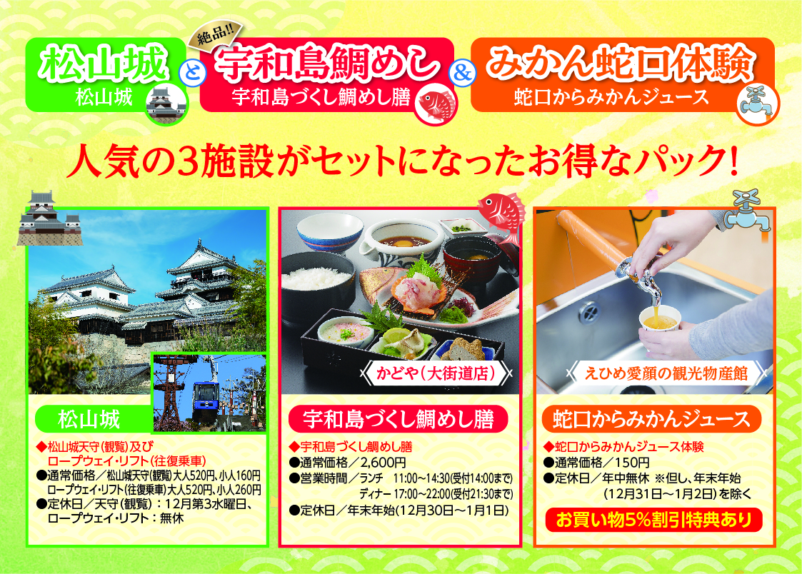 松山城と絶品‼宇和島鯛めし＆みかん蛇口体験　