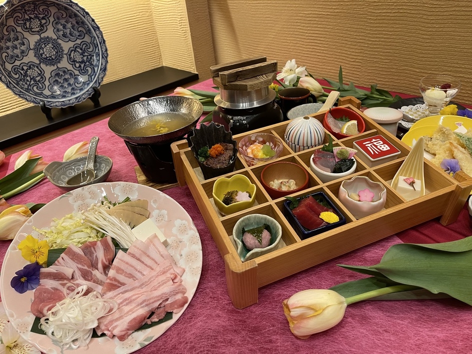 人気！柚子風味霧島山麓豚しゃぶ＆四季彩12升会席ランチ　貸切温泉60分付10：30〜15：30休憩付