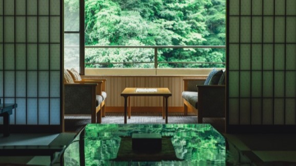 露天風呂付客室の和室から。原生林の緑が美しい