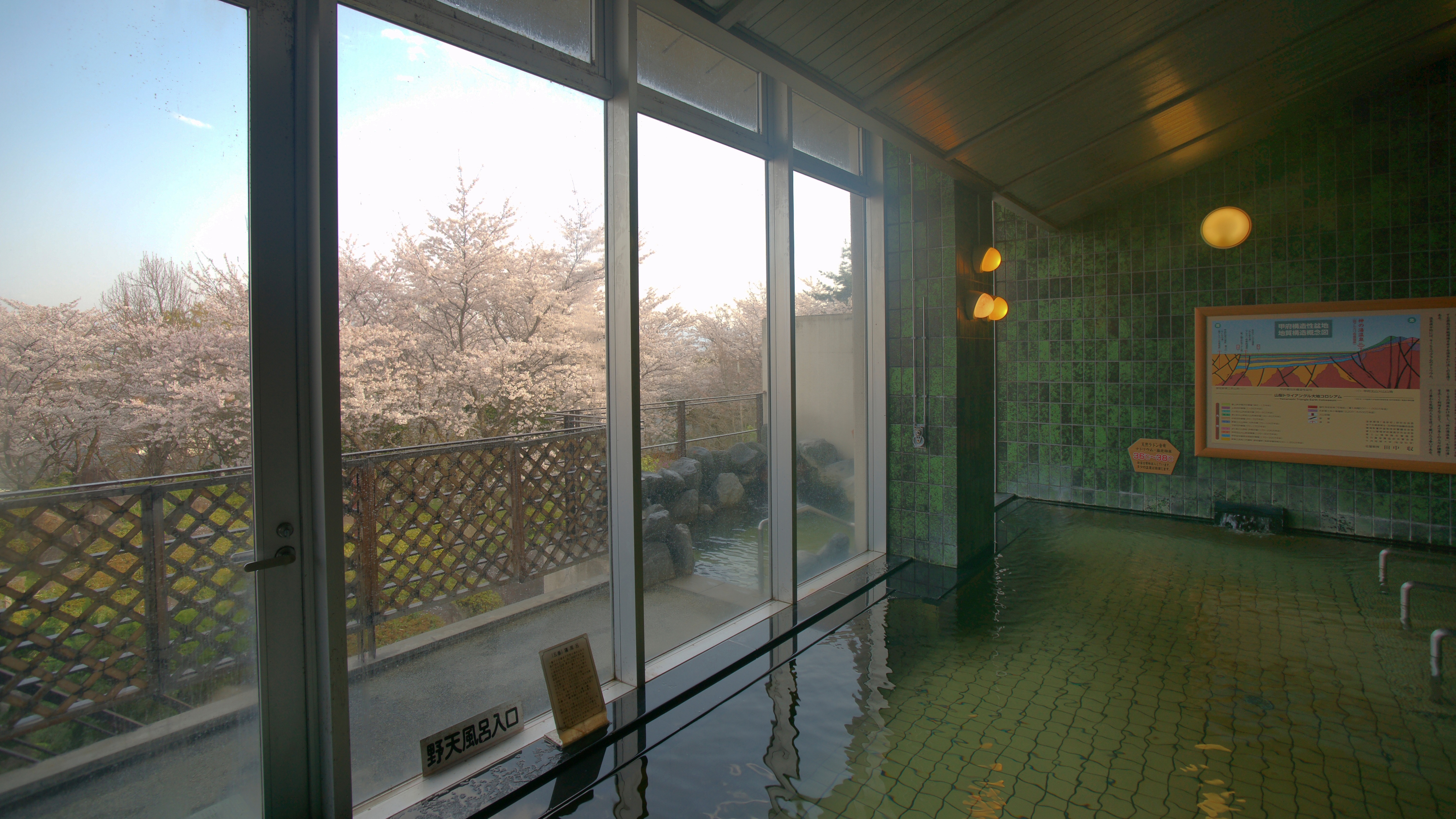 春の大浴場。庭園の桜を眺めながら温泉をご満喫ください。