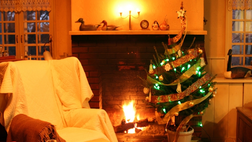 *暖炉の前にクリスマスツリーが登場。まるで童話の世界のような空間に心も和む。
