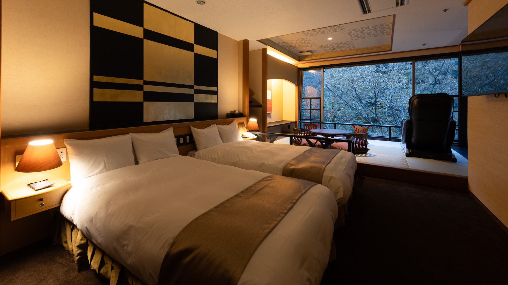 【川床露天風呂付-和洋室-】愛媛の自然を体感できる川床をテーマにかけ流し露天風呂付客室にリニューアル