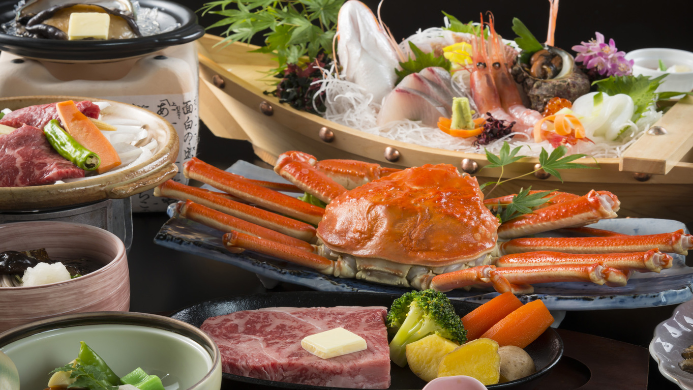 ■舟盛アワビ蟹ステーキから２つも選べる楽プラン◆お一人ずつメイン料理４種から２つ選択できる部屋食
