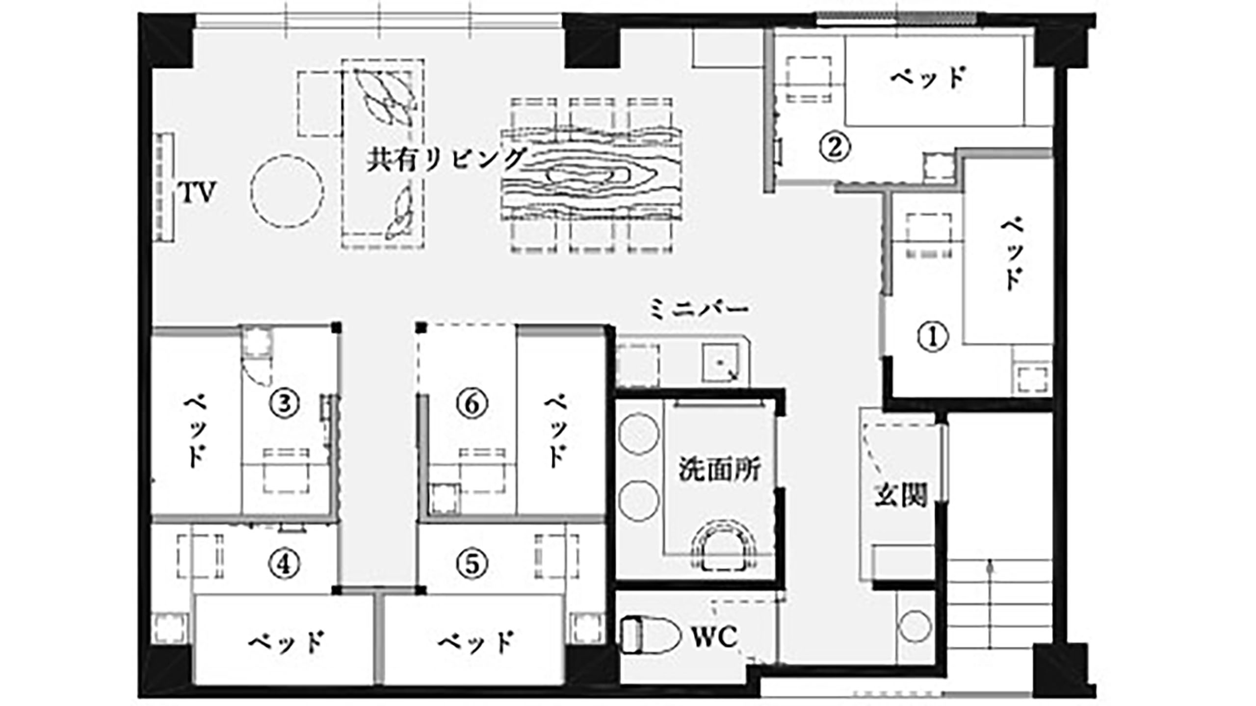 【コンパートメント客室】６ベッドタイプ　ー蓼科ー（間取り図）