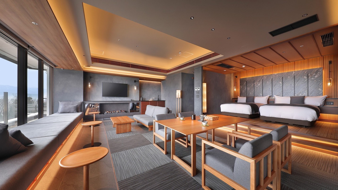 【古窯スイート和洋室】2024年リニューアル！半露天風呂・サウナ付き広々和洋室。最上階ならではの絶景