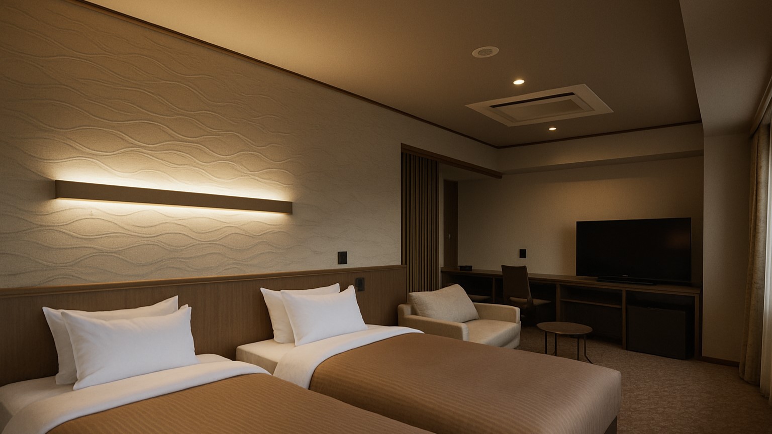 レイクビューツイン。諏訪湖を正面に眺める人気のツインルーム。（夏季お部屋から花火は見えません）