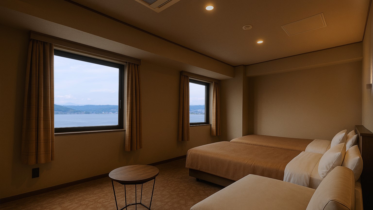 レイクビューツイン。諏訪湖を正面に眺める人気のツインルーム。（夏季お部屋から花火は見えません）