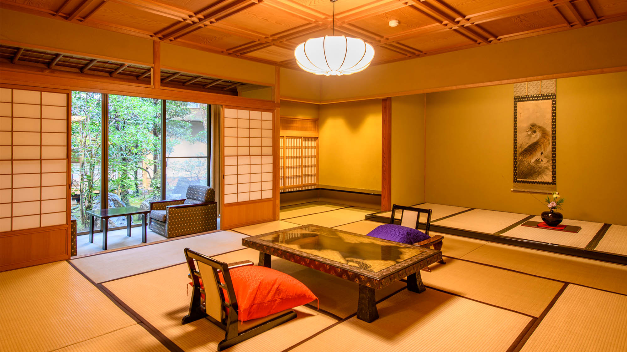 【源泉かけ流し半露天風呂付/蓬莱の間】和室2間と源泉かけ流しの温泉付き客室