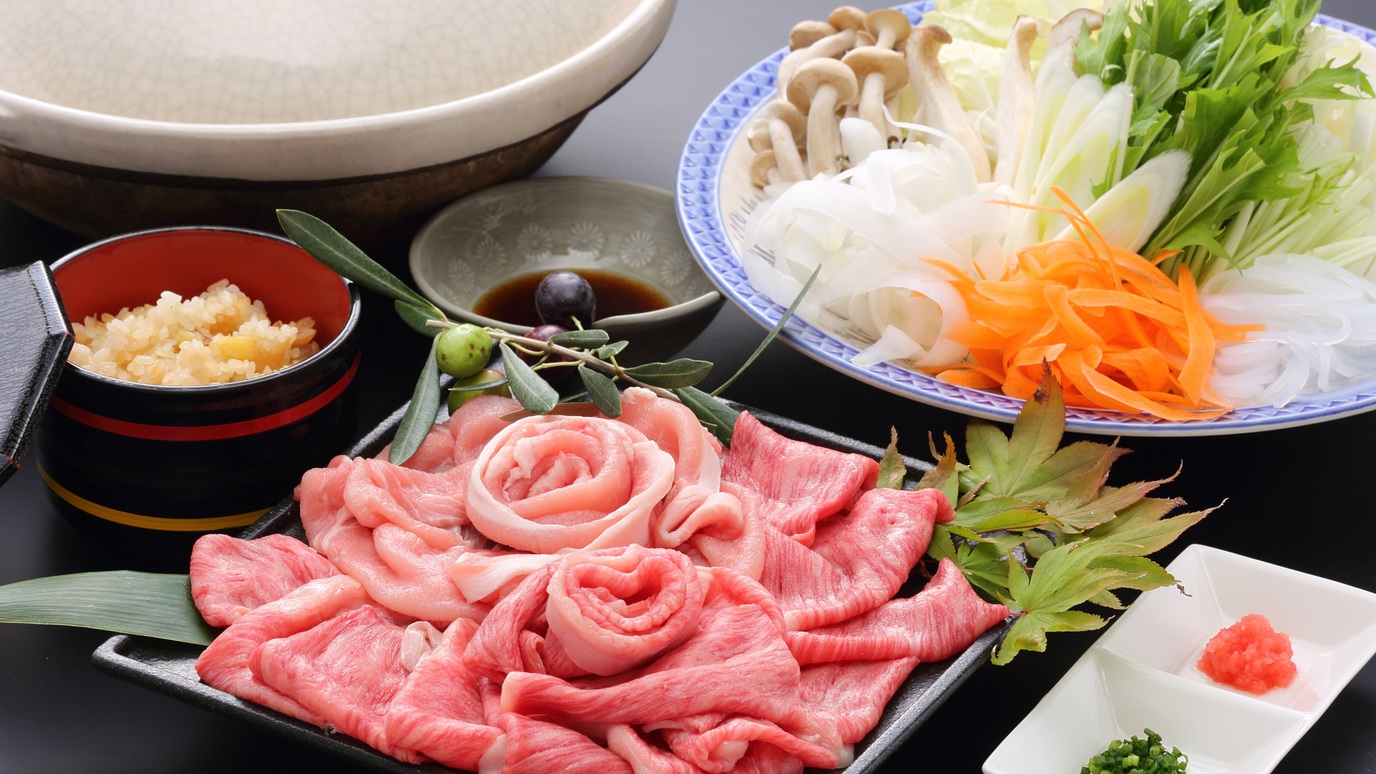 オリーブ牛と県産豚のしゃぶしゃぶ(一例)しゃぶしゃぶは2人前のイメージです。