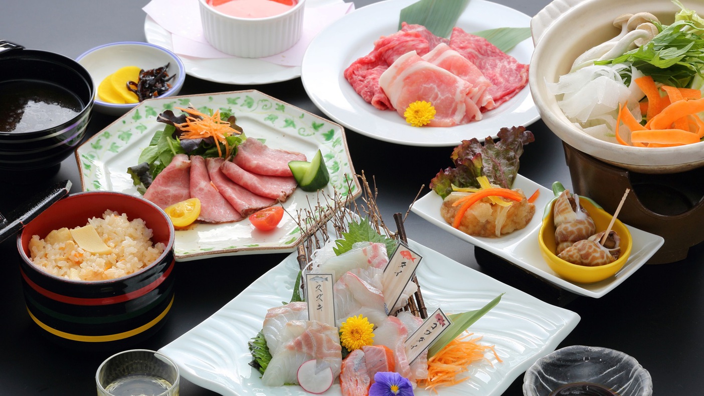 【エコノミー】地魚3種盛り合わせと県産牛と県産豚のしゃぶしゃぶ(一例)