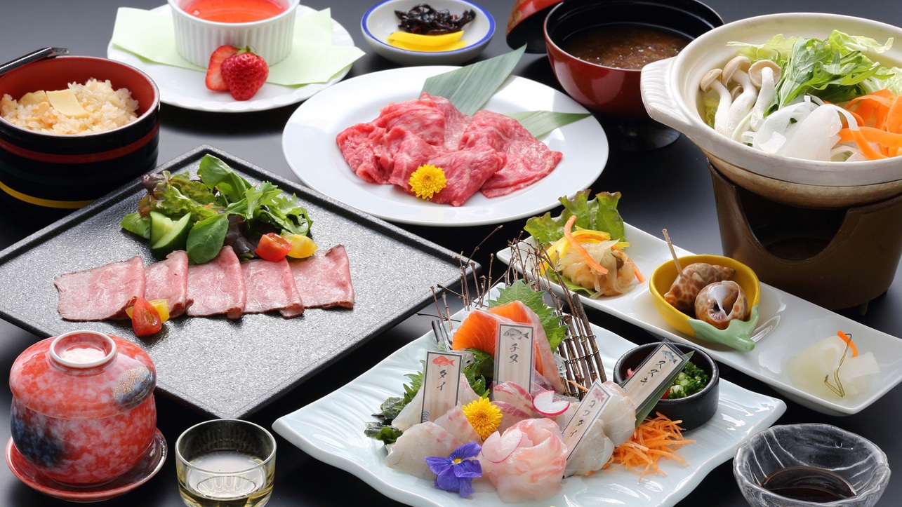 【スタンダード】地魚5種盛り合わせとオリーブ牛&香川県産豚のしゃぶしゃぶ(一例)