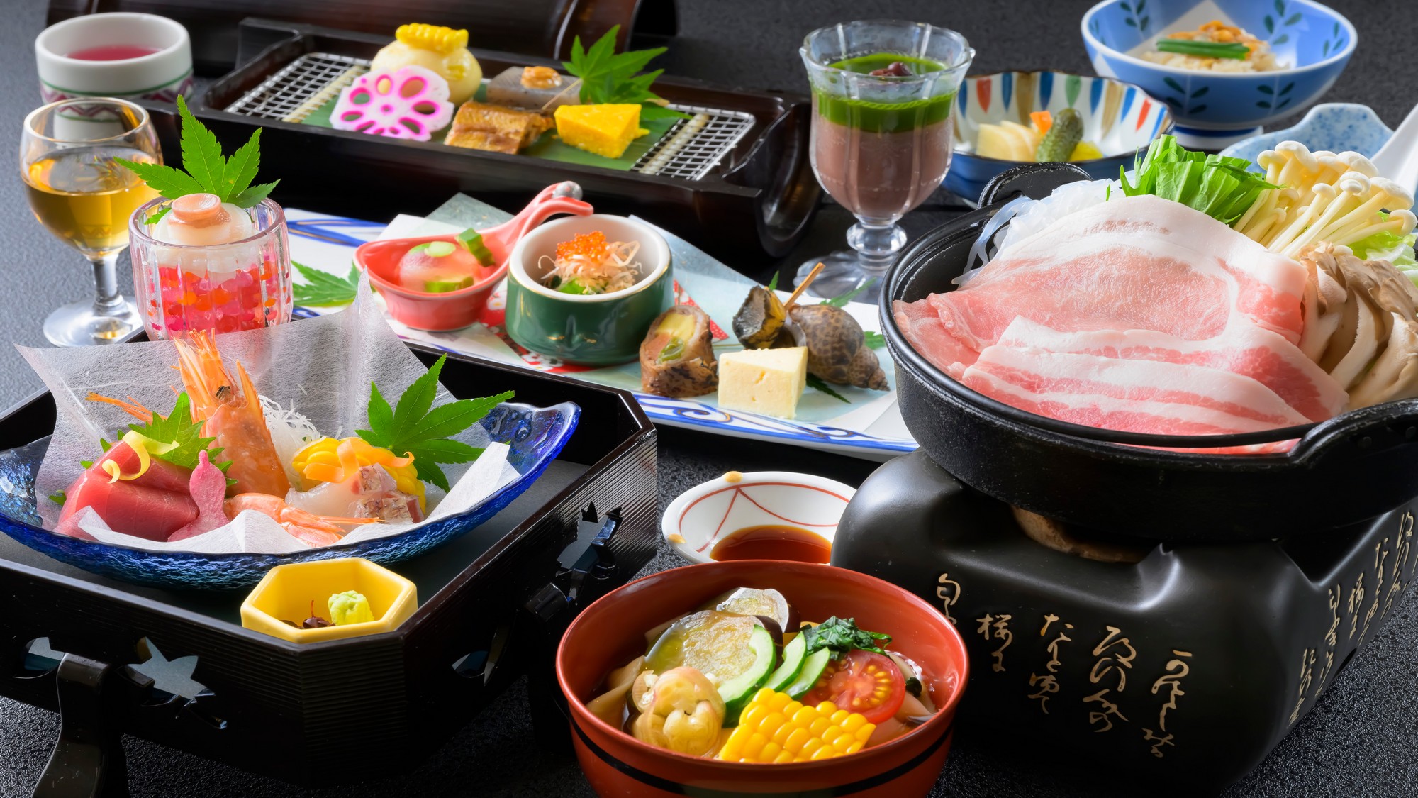 鮮やかな献立は五感で愉しむ、福一の夏の献立。美味しさに魅了されるお料理の数々。夏のことほぎ膳より。