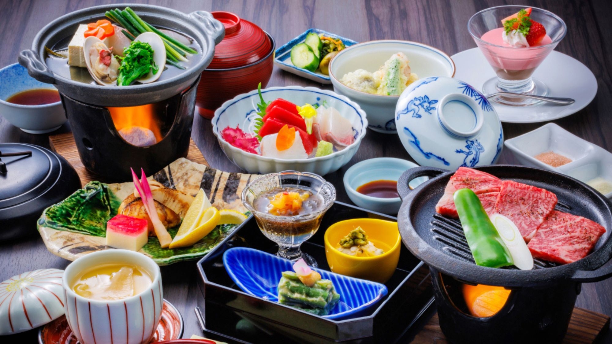 【宮城の恵み・春】黒毛和牛の陶板焼、桜鯛と春蛤の海鮮蒸、三陸産鱶鰭茶碗蒸し