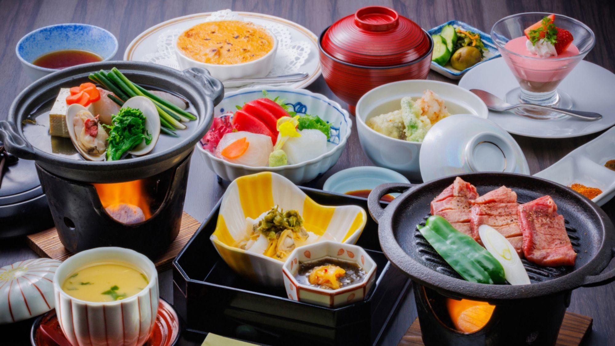 【WEB限定・春】杜の都の牛タン焼と桜鯛と春蛤の海鮮蒸、郷苺のショコラムース