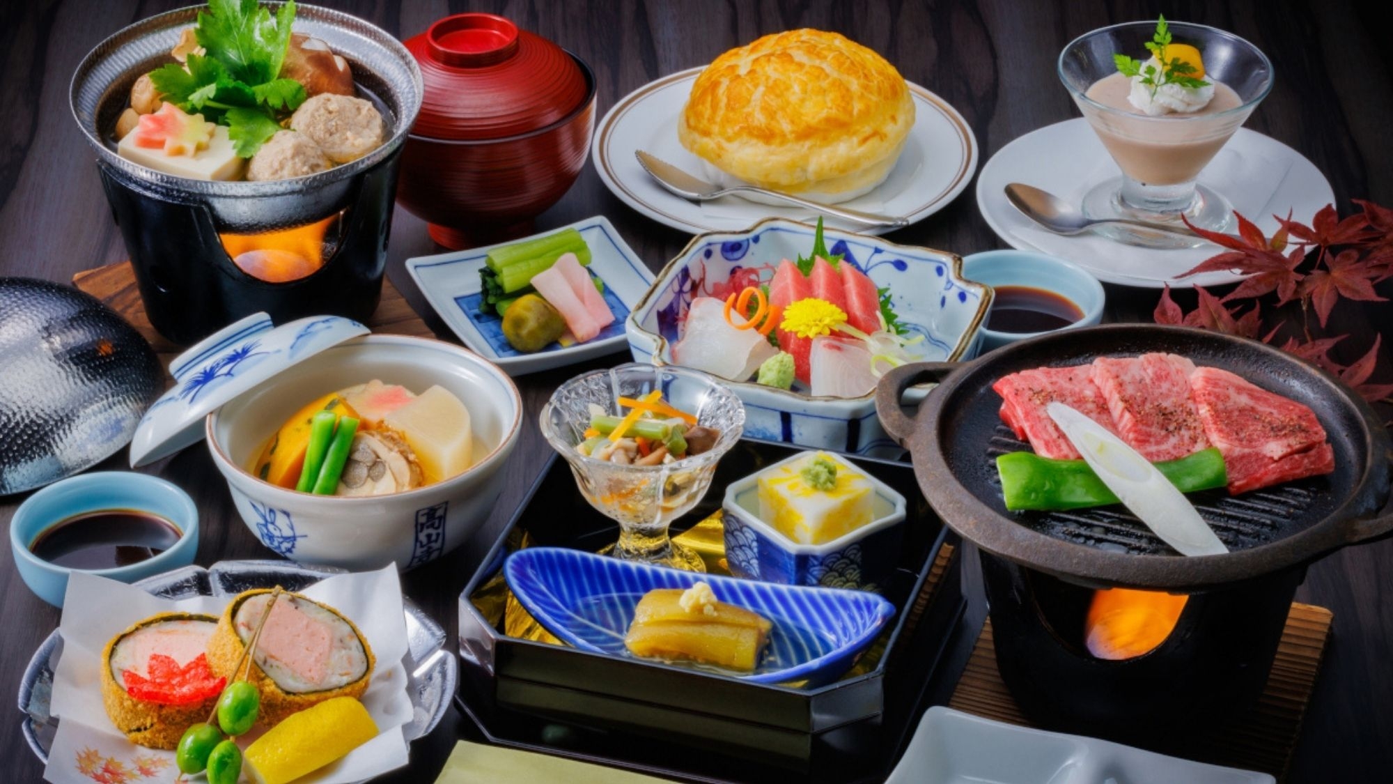 【山海の贅・秋】黒毛和牛の鉄板焼き、蟹真丈磯辺揚げ、魚介パイ焼きなど