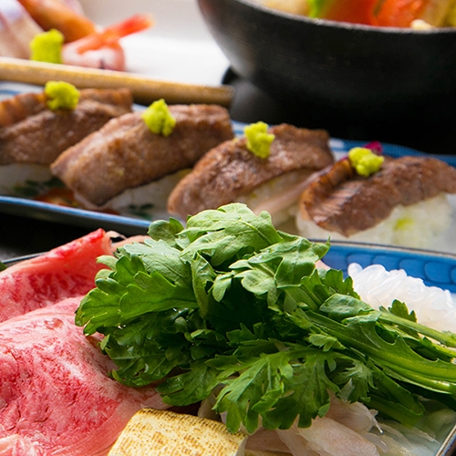 ◆特選和牛会席◆焼き・炙り寿司・牛しゃぶ鍋♪贅沢に“３種の食べ方で♪ゆっくり夕食部屋食or個室食★