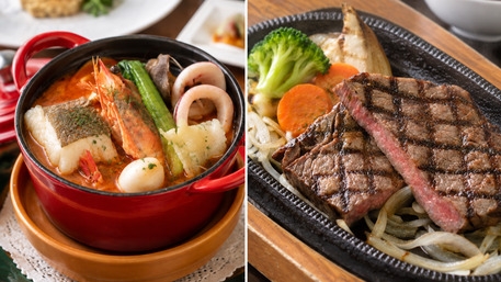 【年内限定！秀逸コラボ】洋食シェフ考案「海鮮麻辣湯と毬姫牛リブロース」魚と肉の共演コース！1泊2食付
