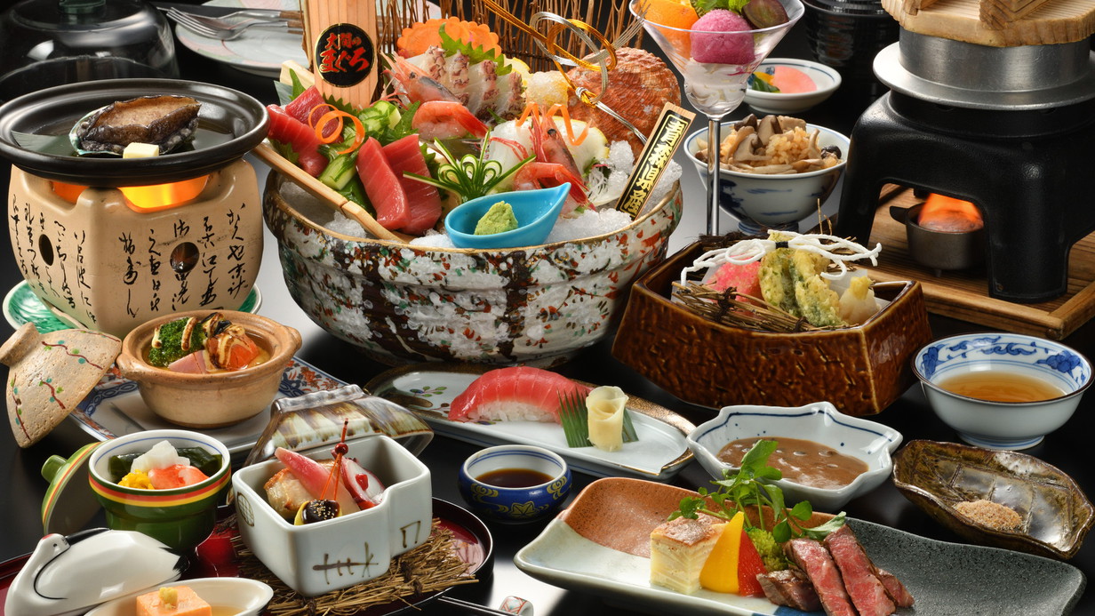 【さき楽60】青森贅沢会席「大間産本鮪」と 鮑の踊り焼特別会席＋青森県産牛ステーキ　1泊2食付