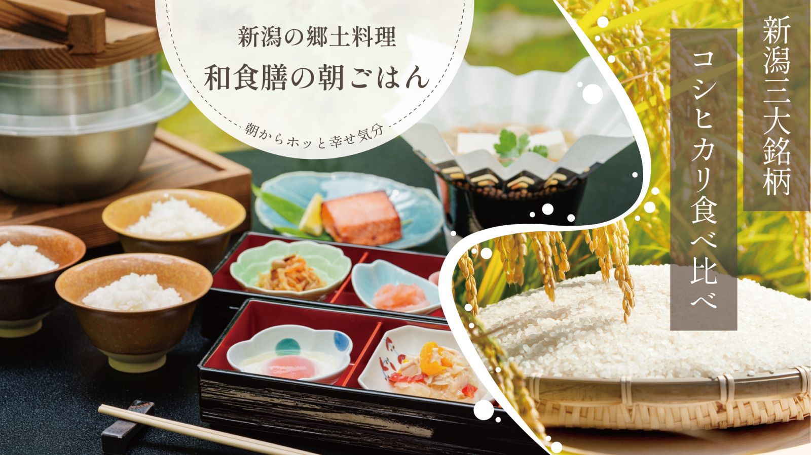 郷土料理を中心とした和食膳！新潟米3大産地（魚沼・佐渡・岩船）等、3種類のご飯を日替りで食べ比べ♪