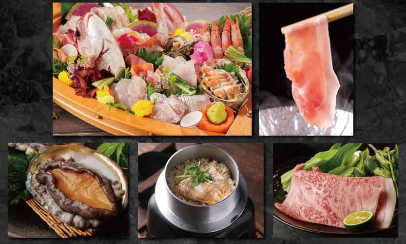 豪華舟盛り付■四季の新潟満喫！村上牛もち豚のしゃぶすき食べ比べ＆のど黒釜飯、鮑の踊り焼き！