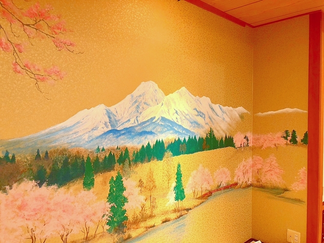 絵画特別ルーム（一例）「妙高山春爛漫」の間（満開の桜と妙高山の雪形「跳ね馬」）