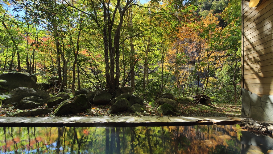 【大自然の湯「川の囁き」】温泉に映る秋の美しい風景に癒されます