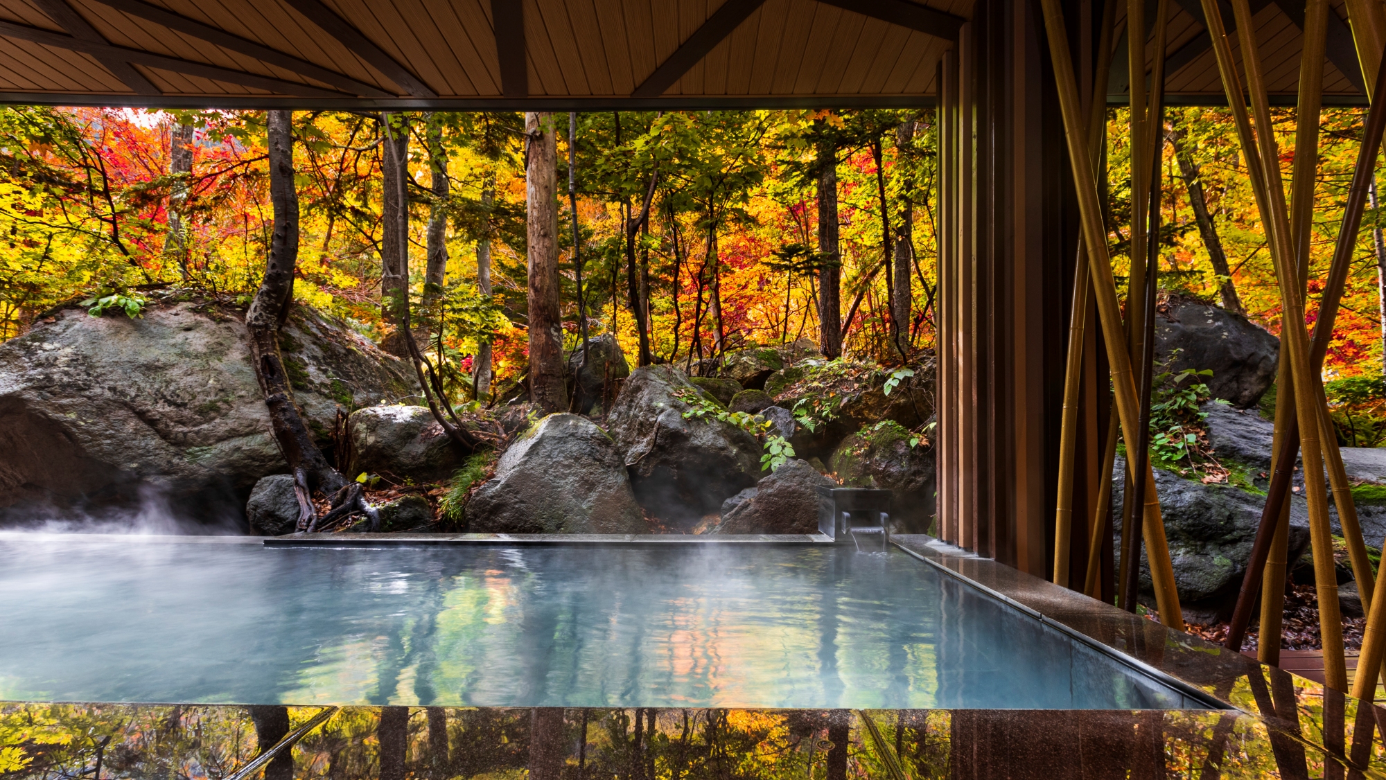 【大自然の湯「鳥の声」】湯けむりの向こうに、岩と紅葉の美しいコントラストが広がります