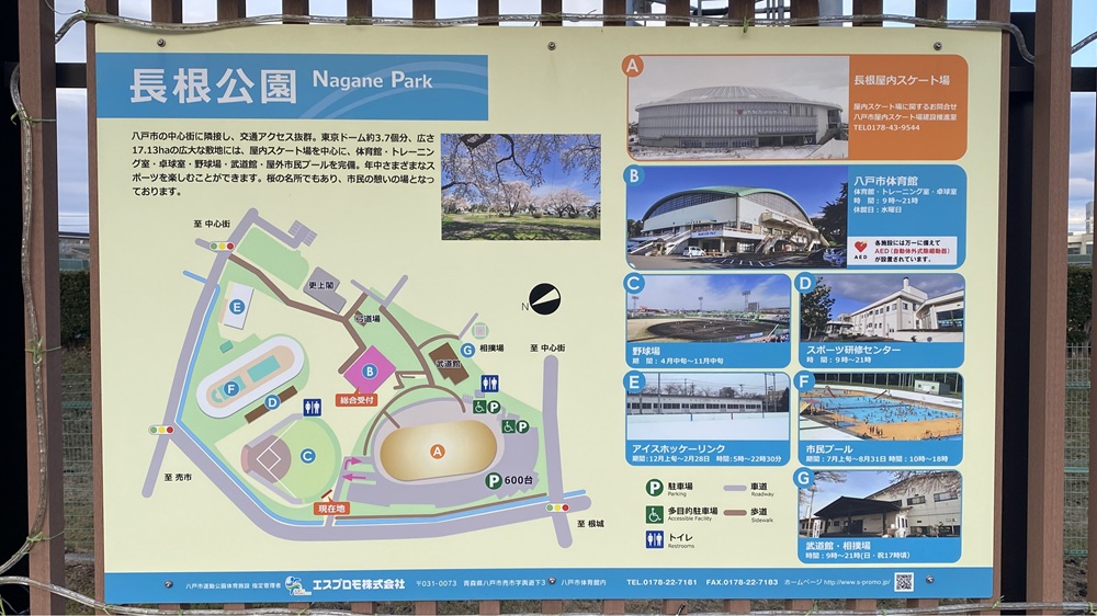 【長根公園・YSアリーナ】　ホテルから徒歩１５分。約１km。