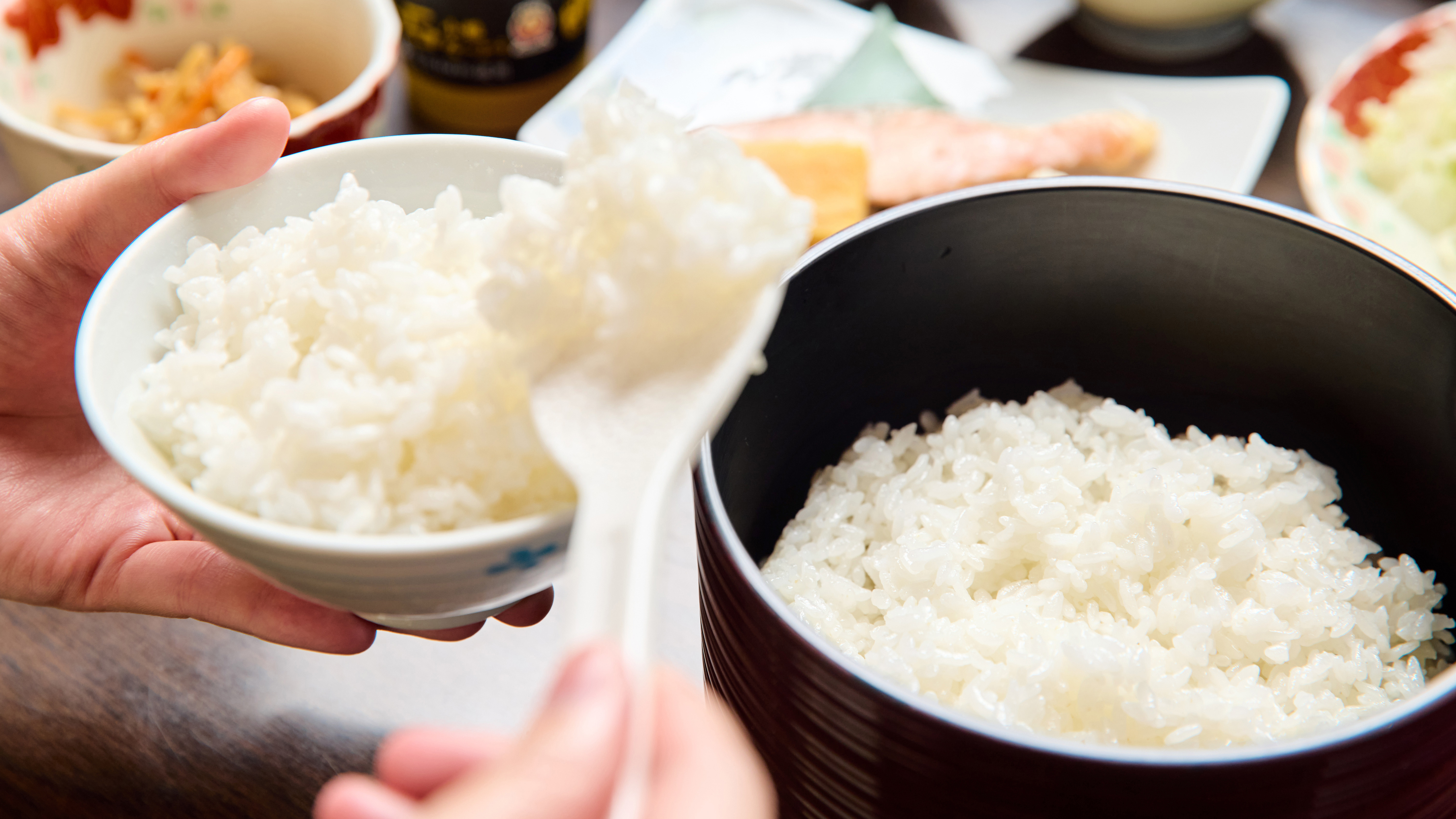 北竜産のご飯はお米の一粒一粒が大きく、ふんわりと炊き上げています。