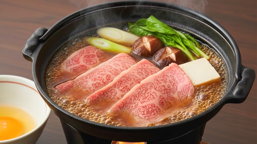 さき楽45【前沢牛｜贅沢食べ比べ】鉄板焼×すき焼き◆とろける霜降りの二大競演を優待価格で《夕朝食付》