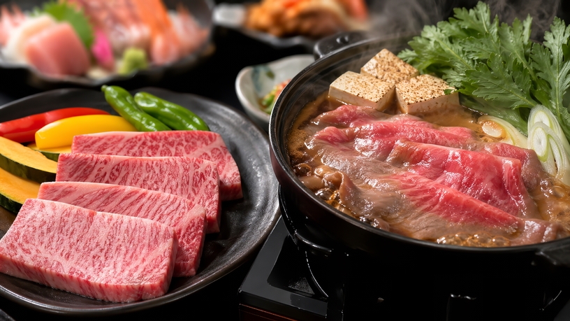 さき楽45【前沢牛｜贅沢食べ比べ】鉄板焼×すき焼き◆とろける霜降りの二大競演を優待価格で《夕朝食付》
