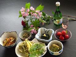 春の料理例（蕨の生姜かけ・蕗の油炒め・こごみのおひたし）
