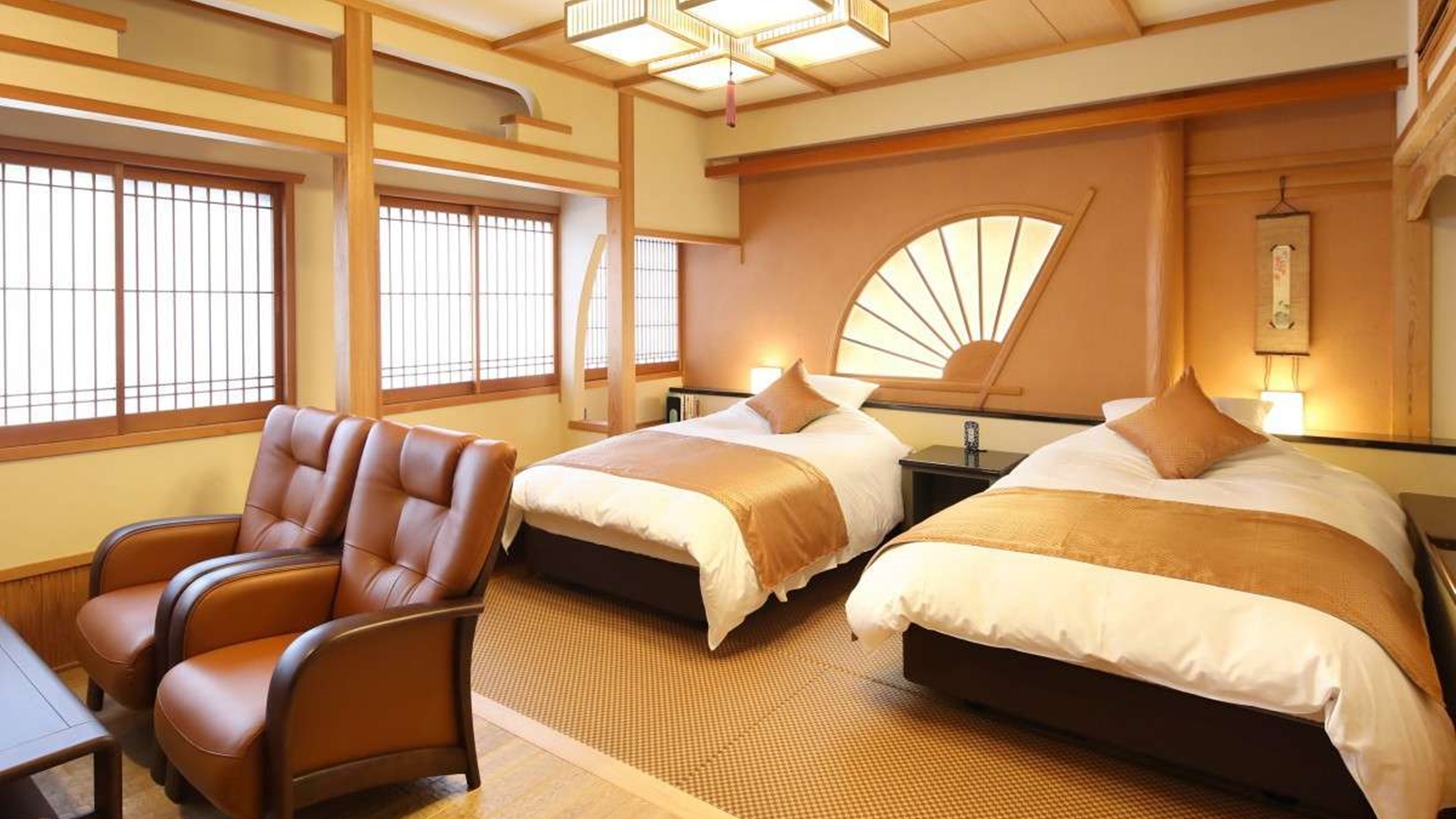 畳の上にツインベッドを設置した和モダンタイプのお部屋です。 