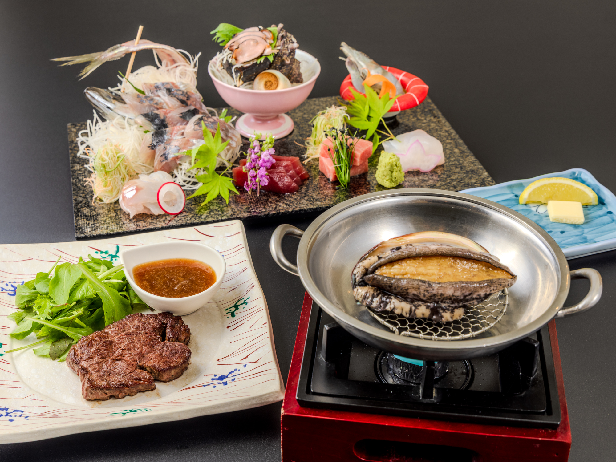 選べるメイン料理 (鮑/牛ステーキ/刺身増量)