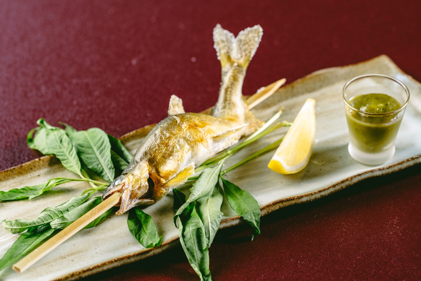 初夏〜初秋限定の特別料理　鮎の姿焼き・ハモ鍋・夏の冷製ポタージュ　【山形牛ステーキ付プラン】