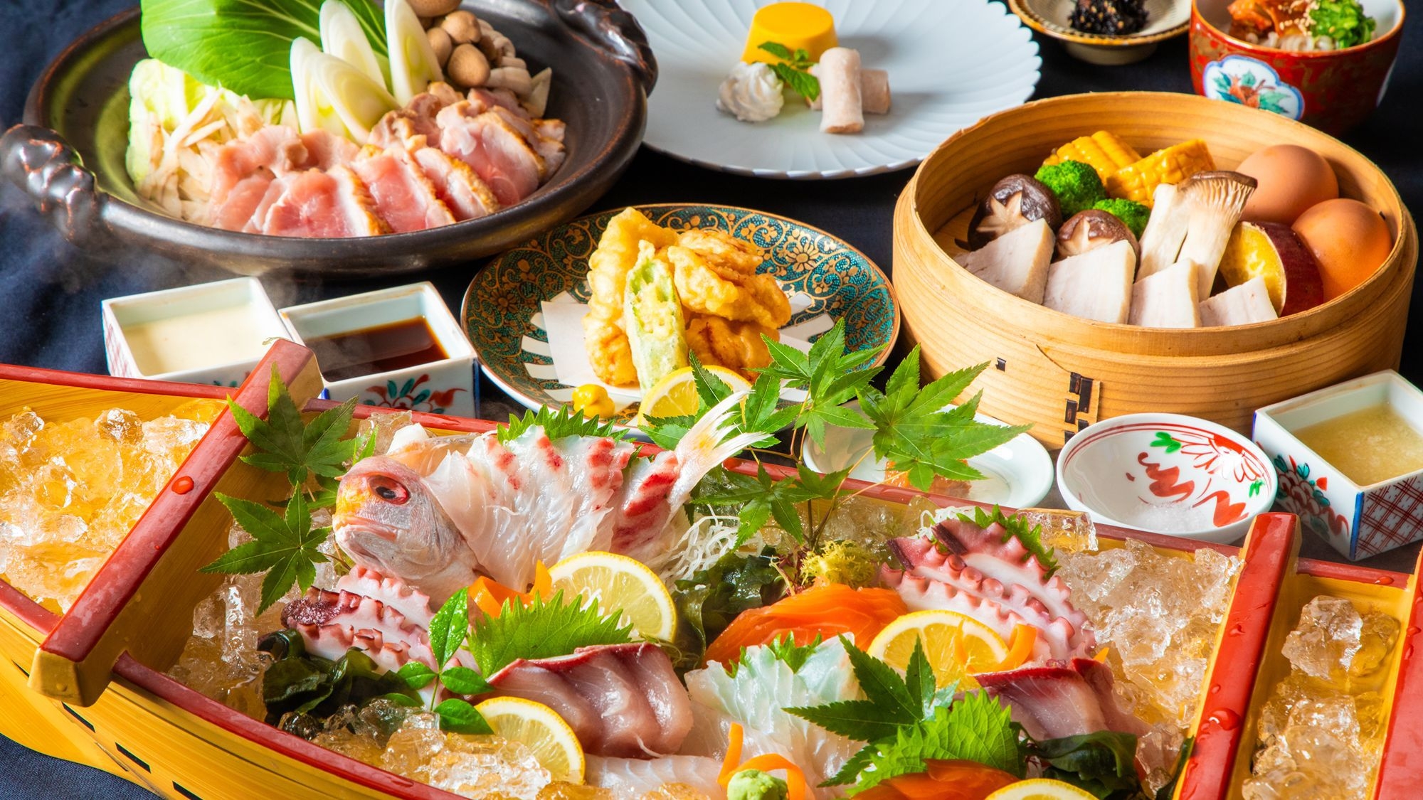 【大分郷土会席】地魚船盛×大分県産鶏鍋を味わう｜別府名物も満喫＜1泊2食＞ひょうたん温泉券付