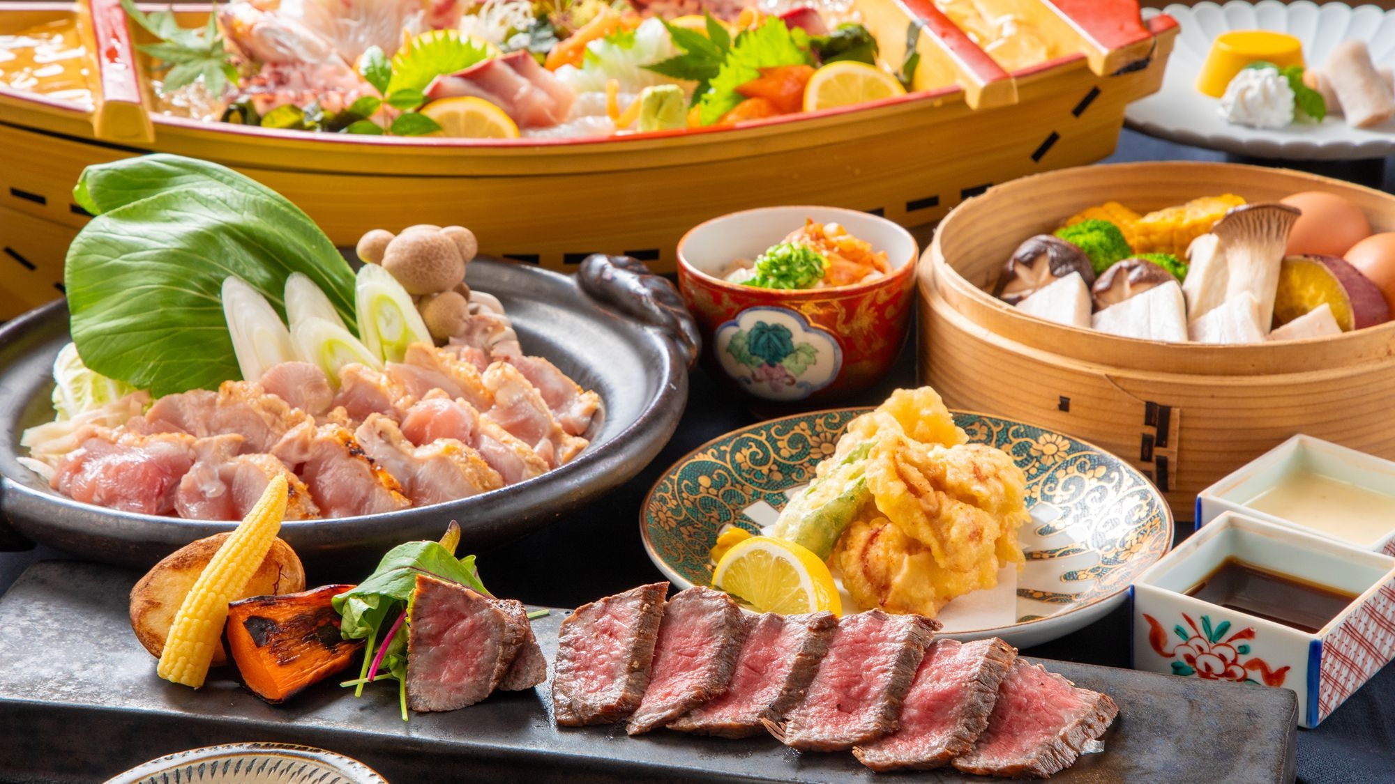 【大分和牛ステーキ付】地魚船盛×大分県産鶏鍋と別府名物で大満足＜1泊2食＞ひょうたん温泉券付