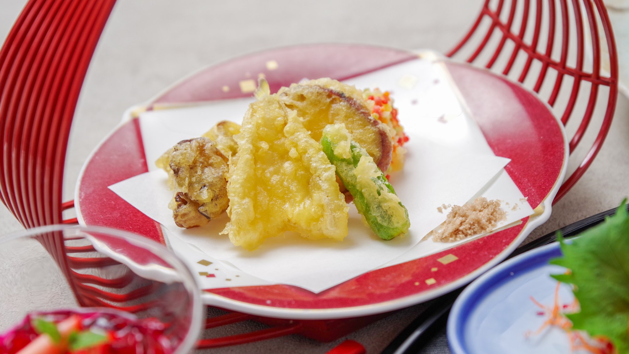 【万座会席】（4/4～）天ぷら（鱚、野菜3種 豆腐揚げ）