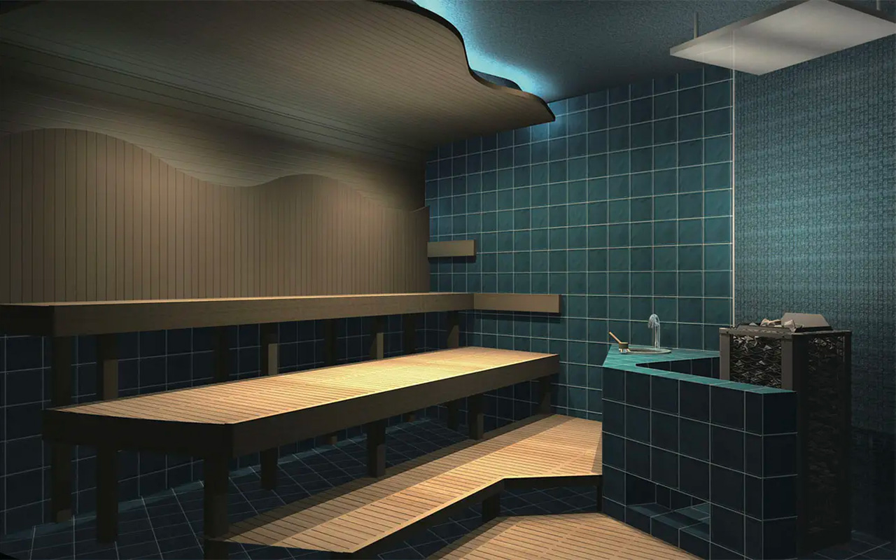 ＜大浴場サウナ＞沖縄の焼き物（やちむん）と海のイメージの女性サウナ