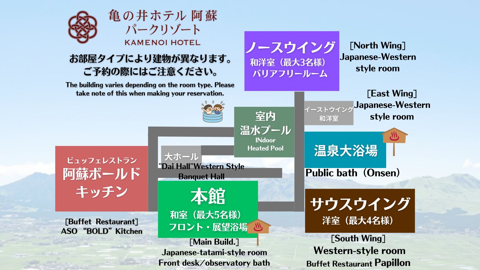 当館には４つの宿泊棟がございます。棟が異なると近くにできませんので、複数予約の際にはご注意ください。