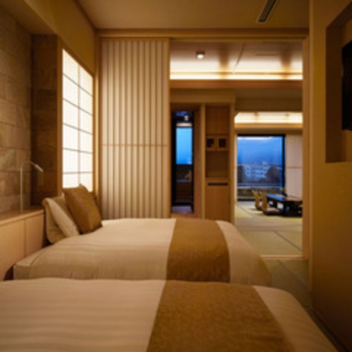 ﾍﾞｯﾄﾞﾙｰﾑからの客室【温泉◆露天風呂付客室】富士山を望む和洋室(80平米)