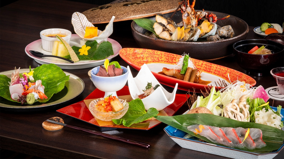 【天遊磯会席『竜胆-りんどう』】伊勢エビ＆アワビ海鮮宝楽焼と金目鯛しゃぶしゃぶ