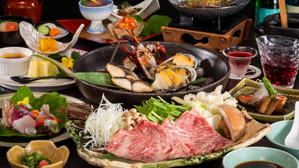 【天遊磯会席『銀朱-ぎんしゅ』】伊勢エビ＆アワビ入海鮮宝楽焼と和牛のしゃぶしゃぶ